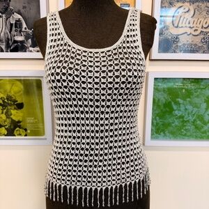 Y2K 90s Hand-Crocheted White Fringe Tank Top w/ Beaded Hem